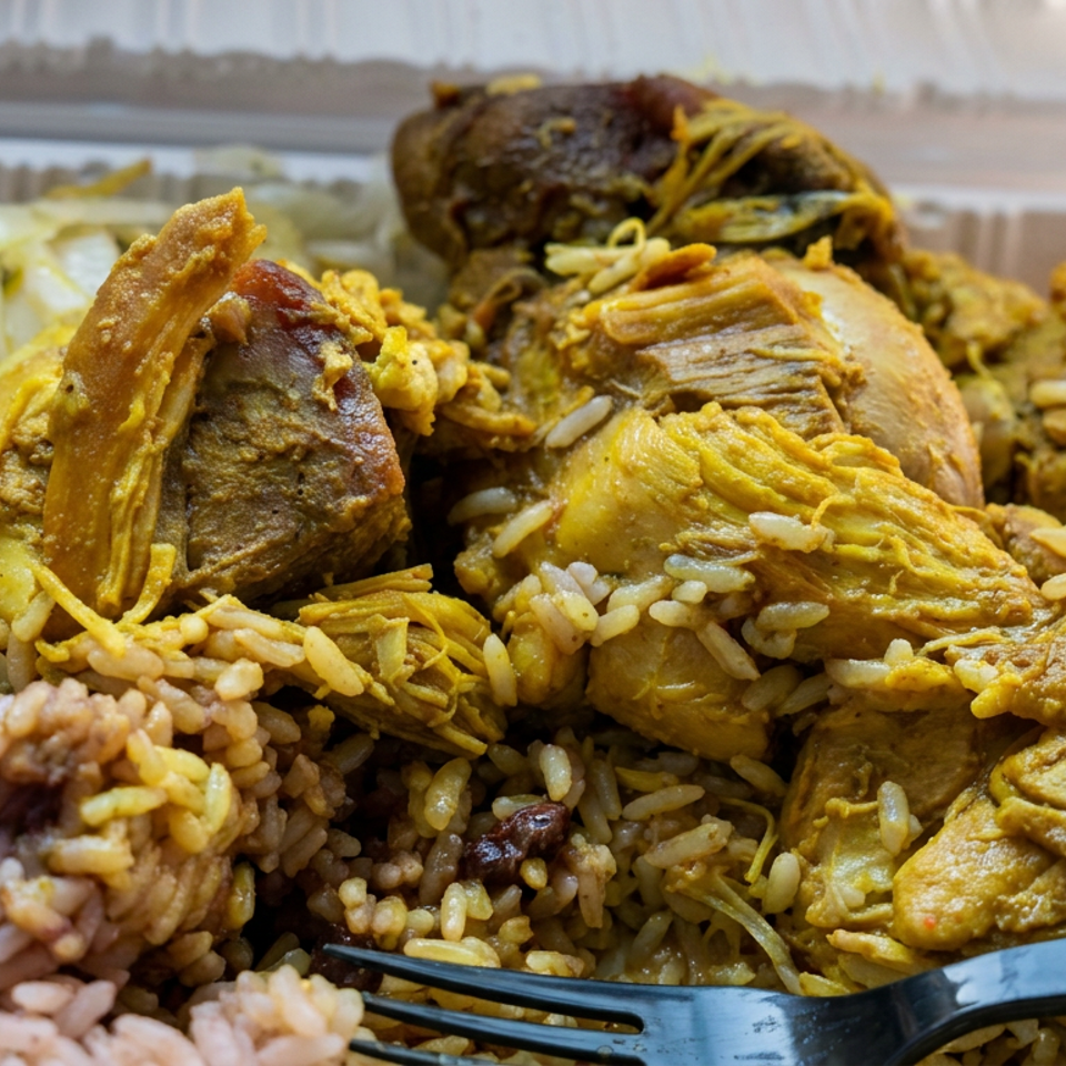Close-up of a takeout container filled with spiced rice, tender chicken pieces, and mixed vegetables.