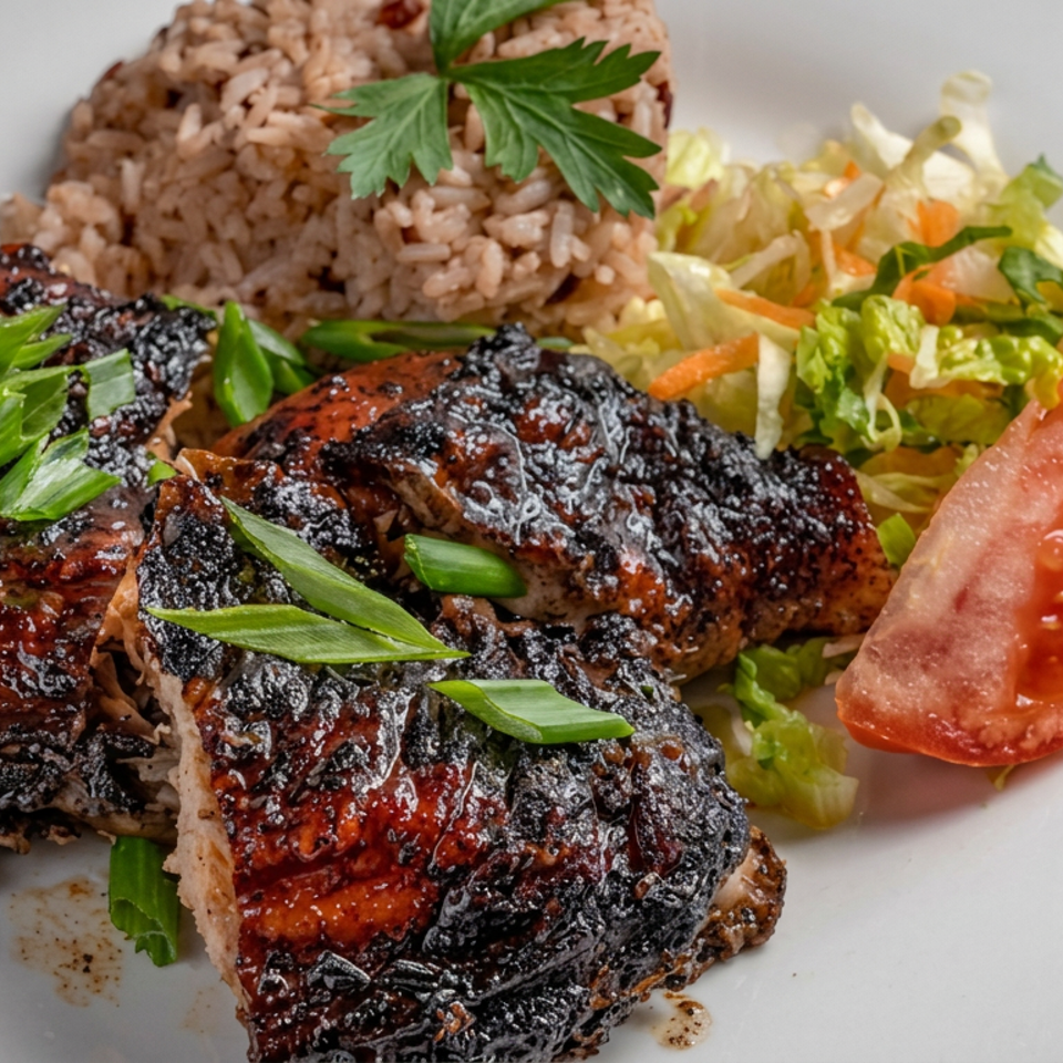 Grilled glazed chicken with charred edges, rice, shredded salad, tomato wedge, and green onion garnish on a white plate.