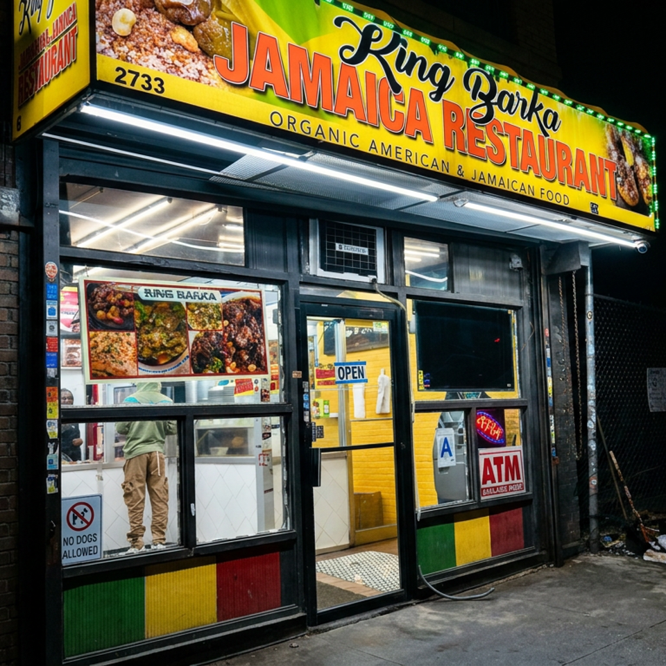 Nighttime exterior of King Barka Jamaican Restaurant, featuring illuminated signage, food displays, open door, and colorful storefront panels.