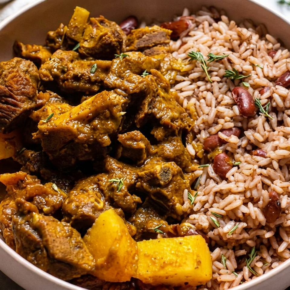 Bowl of spiced meat and potato stew served with seasoned rice and beans, garnished with fresh herbs.