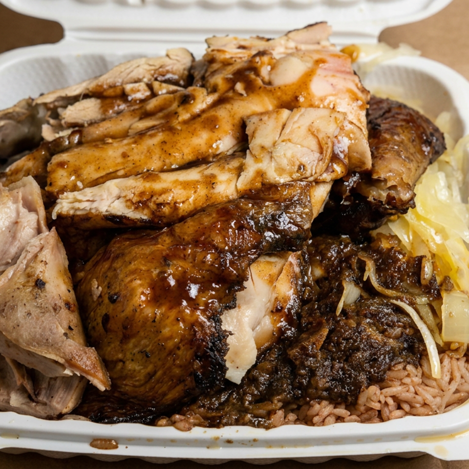 Takeout tray filled with sliced grilled chicken, roasted meat, rice, and pickled vegetables on a brown paper surface.
