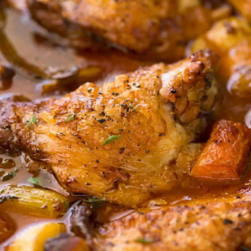 Close-up of roasted chicken pieces with carrots, potatoes, and herbs in a savory sauce.