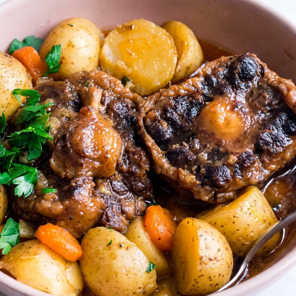 Bowl of braised beef with mushrooms, baby potatoes, carrots, and fresh parsley in rich gravy.